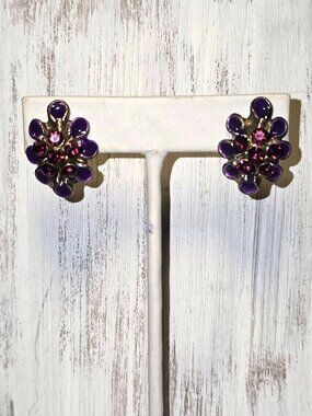 Vintage 1960s Amethyst Rhinestone Enamel Cluster Clip-on Earrings